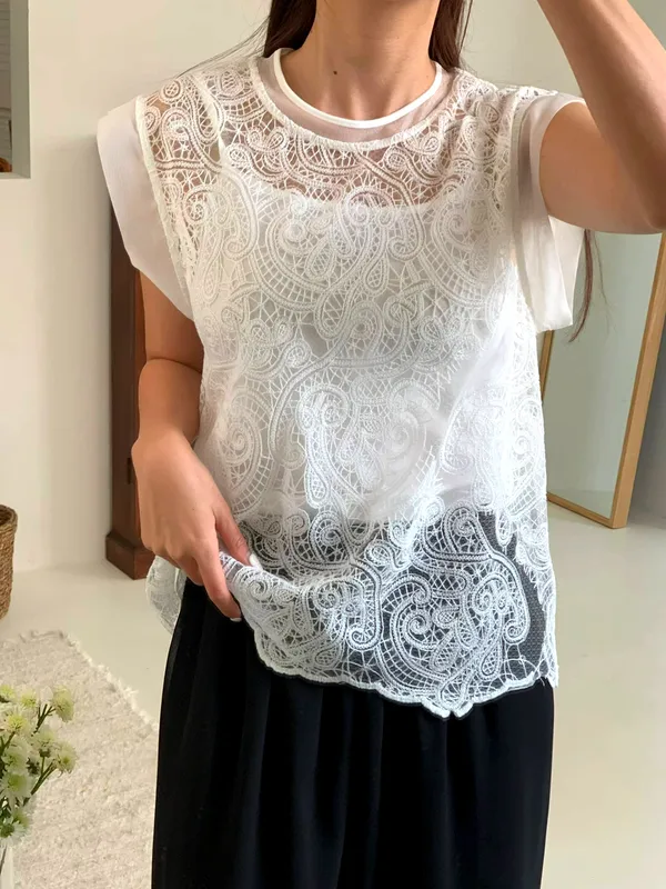 Lace-Trimmed Women's Top, Elegant and Breathable, A Summer Essential
