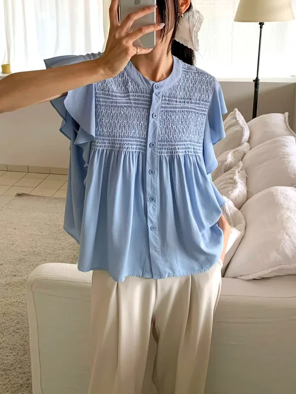 Fresh Blue Women's Top with Lace Detail Design