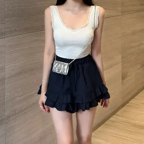 Fresh Versatile V-Neck Tank Top Paired with Ruffled Skirt