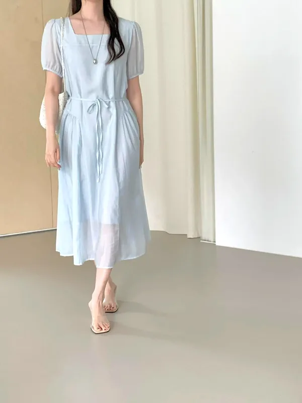Fresh Blue Square Neck Tie Dress, An Elegant Summer Essential