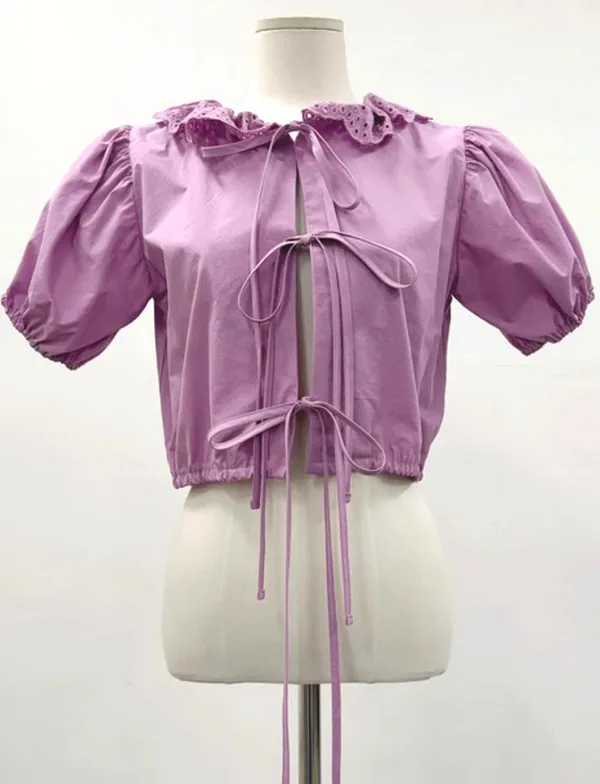 Sweet Lace Collar Short Sleeve Top in Fresh Purple Design