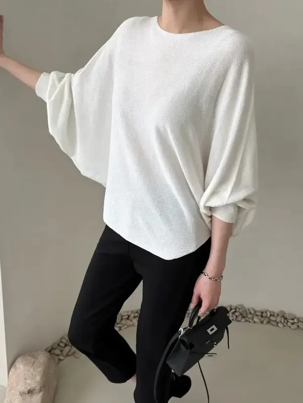 Elegant Loose White Knit Top, Lightweight and Comfortable