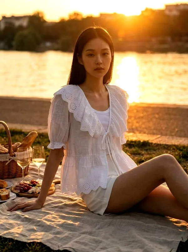 레이스 트림 V넥 여성 상의, 신선하고 우아한